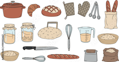 Homemade sourdough bread baking process with kitchen tools flour jars and fresh baguette hand drawn vector illustration doodle art and icon set