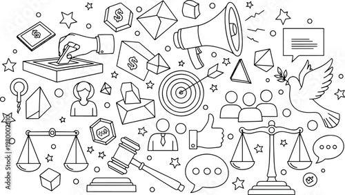 Professional law and government election legal system justice and democracy with social media marketing business icons and peace dove symbols hand drawn vector illustration doodle art and icon set