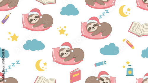 Adorable seamless pattern of sleeping sloths on pink pillows with stars moons and clouds for nursery textiles and kids decor.