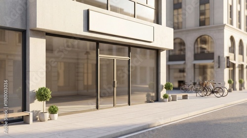 Modern commercial storefront with large glass windows, double doors, blank signboard above entrance, and potted plants along clean urban street in daylight