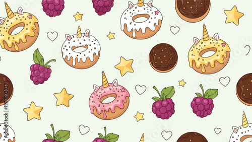 Sweet seamless pattern of unicorn donuts with horns and ears raspberries and chocolate cookies for dessert themes.