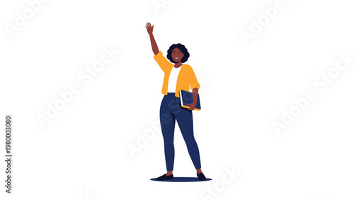 Friendly black woman in professional clothing waving her hand while holding a document folder against white background.