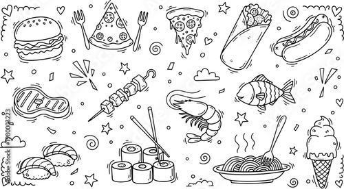 Hand drawn doodle set of fast food junk food and healthy meals including pizza burger sushi and dessert hand-drawn vector illustration doodle art and icon set