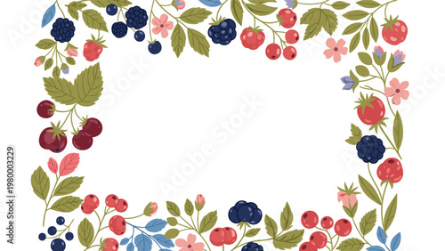 Beautiful rectangular frame border composed of various fresh berries like strawberries raspberries and blackberries with leaves.