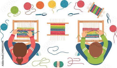 Children Weaving with Colorful Yarn on Looms Vector Set for Crafting, Textile Art, and DIY Projects