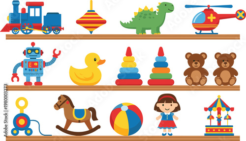 Colorful Toy Collection Including Train, Helicopter, Dinosaur, Robot, and Dolls for Kids' Toy and Playroom Designs