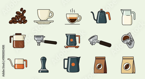 Collection of coffee making equipment and accessories for brewing beverages.