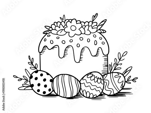 Hand-drawn black and white easter cake with decorated eggs and flowers white background