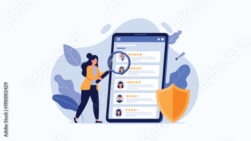 Woman searching user profiles on a large smartphone screen with a magnifying glass and a shield representing data security.