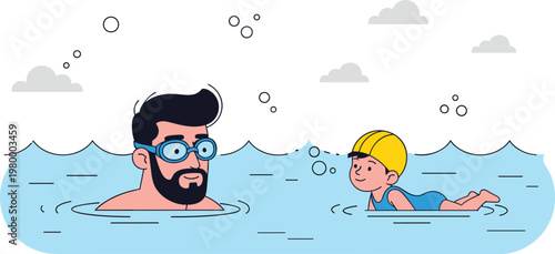 Illustration of a Father and Child Swimming Together in a Pool for Family, Summer, and Active Lifestyle Designs
