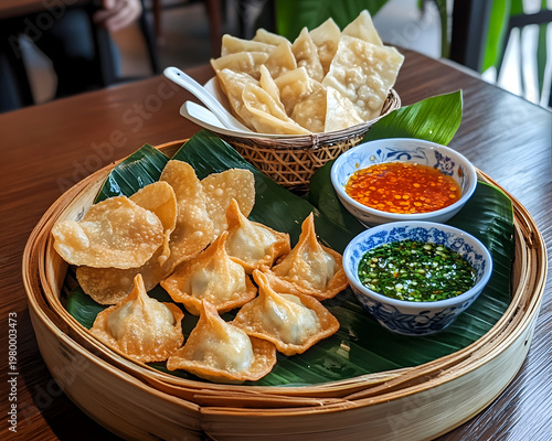 Delicious fried dumpling and crispy wonton platter, an inviting Asian appetizer. Savory snack with rich dipping sauce for full