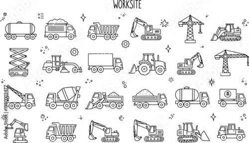 Construction site heavy machinery vehicle collection featuring excavators cranes trucks tractors and industrial equipment for building projects hand drawn vector illustration doodle art and icon set
