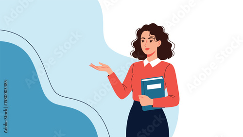 Professional woman with curly hair holding a book and gesturing to explain a concept against a blue abstract background vector illustration.