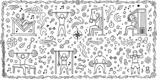 Hand drawn gym workout and fitness lifestyle characters with weightlifting bodybuilding cardio equipment and athletic training elements in a hand-drawn vector illustration doodle art and icon set
