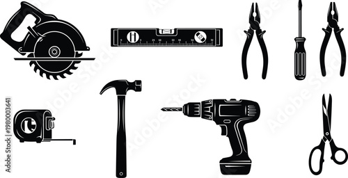 Collection of Hand Tools Icons Including Saw, Hammer, Drill, Tape Measure, and Screwdrivers for DIY and Construction Projects