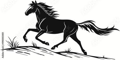 Black and white illustration of a galloping horse running across a grassy landscape field with galloping landscape silhouette illustration equestrian stylized movement strength wildlife