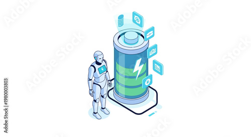 Isometric Humanoid Robot with Green Energy Battery and Digital Data Icons, Vector Illustration of Sustainable AI Technology and Renewable Power Solutions