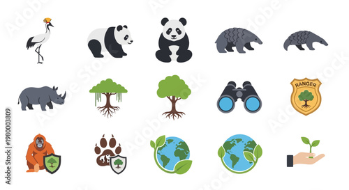 Collection of endangered species and environmental conservation icons.