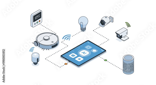 Smart Home Automation Ecosystem with AI Control via Tablet, Featuring Robot Vacuum, Security Cameras, and Connected IoT Devices in Isometric Style