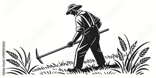 Illustration of a farmer working in a wheat field using a hand tool with agriculture cultivation monochrome illustration countryside agricultural overalls harvesting industry fieldwork