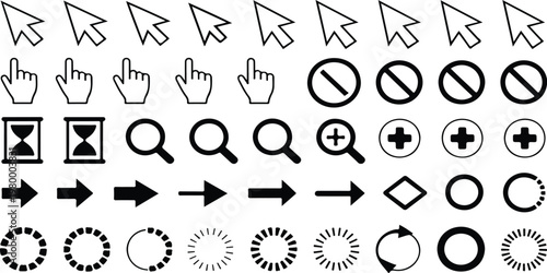 Cursor and pointer doodle icon set with line arrows and hand symbols for web UI, mouse actions, click, move and resize