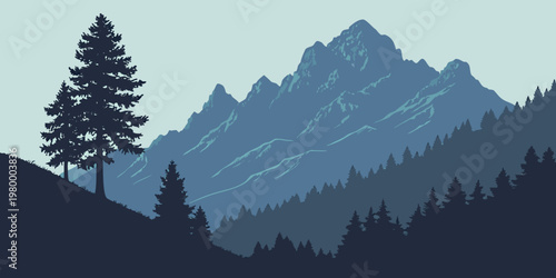 Mountain landscape with evergreen trees and rugged peaks in blue tones mountain landscape evergreen wilderness illustration coniferous panoramic environment adventure woodland