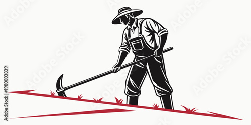 Black and white graphic illustration of a farmer holding a hoe working in a field with agriculture silhouette illustration cultivation countryside industry overalls harvesting profession