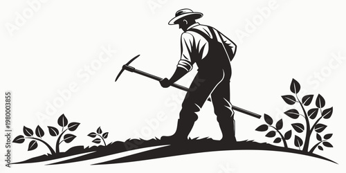 Farmer with a pickaxe working in a field with small plants agriculture cultivation monochrome illustration countryside agricultural overalls cultivate outdoors gardening industry
