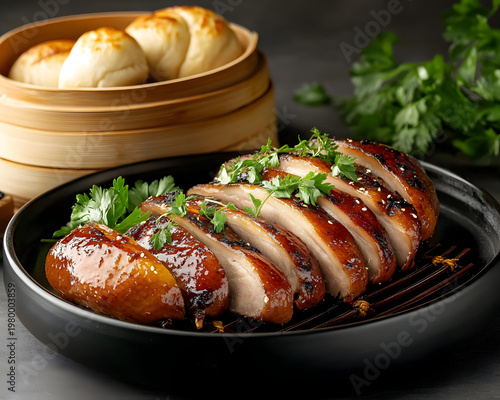 Appetizing tea smoked duck, elegantly sliced and arranged dark plate, garnished with fresh parsley, sesame seeds