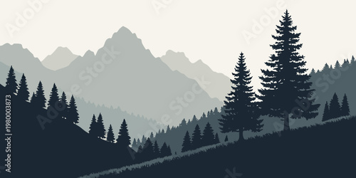 Landscape illustration of a coniferous forest and mountain range with mountain landscape evergreen wilderness illustration coniferous panoramic environment adventure woodland majestic