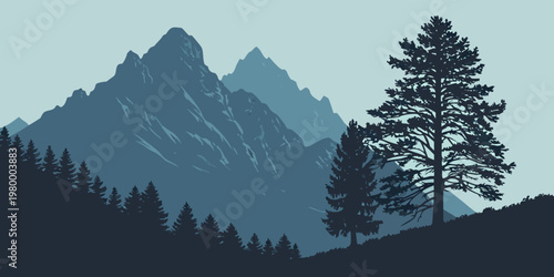 Graphic illustration of a majestic mountain landscape with silhouetted pine trees in the foreground mountain landscape silhouette wilderness adventure mountains evergreen panoramic