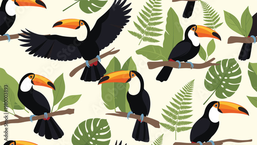 Vibrant seamless pattern with colorful toucan birds perched on branches among tropical monstera and fern leaves for exotic wallpaper design.