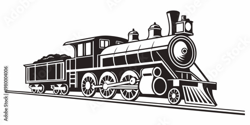 Classic steam locomotive train silhouette icon for transportation and travel concept with black and white old fashioned public transport iron horse train engine smoke stack railway engine