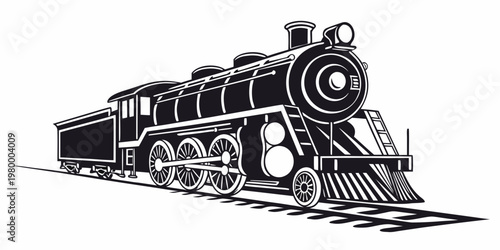 Vintage style steam train engine on tracks isolated monochrome graphic with black and white old fashioned smoke stack railway engine vintage transport traveling by train rail track
