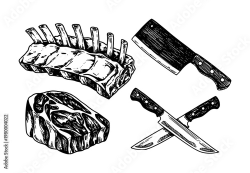 Hand-drawn of raw meat cuts, including a rack of ribs and steak, with butcher knives