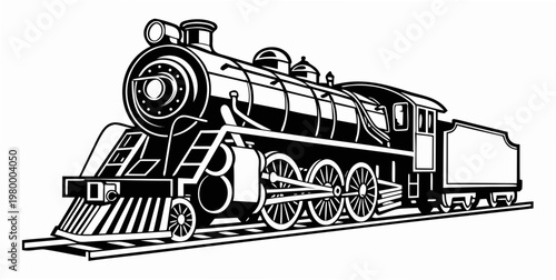 Black and white vector illustration of a vintage steam locomotive train on tracks isolated on white background with steam engine locomotive transportation railroad illustration silhouette