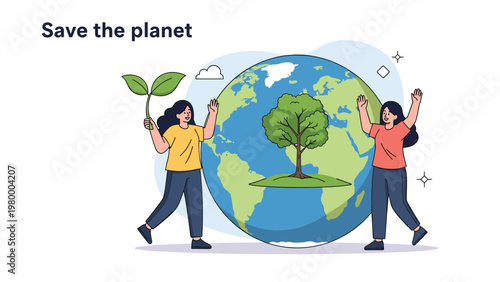 Happy women protecting a large earth globe with a tree on it for save the planet environmental awareness campaign and ecology sustainability.