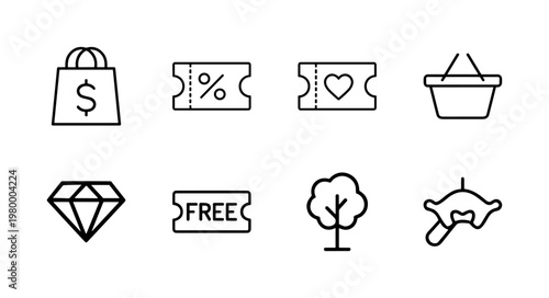 Minimalist shopping voucher and loyalty reward line icon set