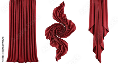 Vector illustration of set of red velvet curtains and draped fabric on a transparent background