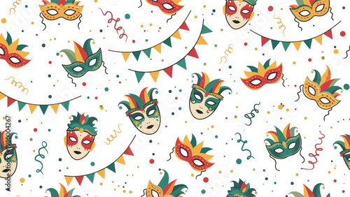 Festive carnival seamless pattern background with colorful masquerade masks flags confetti and streamers for party and holiday celebration.