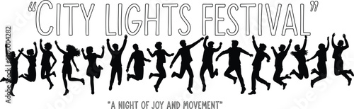 City Lights Festival text with jumping people silhouettes and subtitle on white Keywords: city lights festival, text, lettering