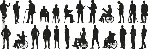Collection of diverse people silhouettes including individuals with disabilities on a white background Keywords: silhouette, people