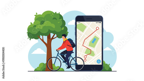 Man commuting on a bicycle next to a giant smartphone displaying a digital GPS navigation map and route for travel and urban exploration.