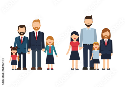 Modern Diverse Families Flat Illustration: LGBTQ+ Parents, Same-Sex Couples, and Non-Binary Inclusion in Professional Business Attire