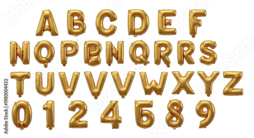 Vector illustration of set of golden foil balloon letters and numbers on a transparent background