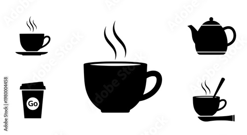 Cup set with coffee icons and steam rising in black silhouette featuring tea, teapot, mug with take away and hot drink elements for beverage, icon
