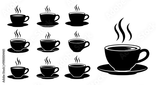 Cup coffee icon set with black silhouettes and steam rising, various sizes featuring mug, hot beverage, steaming with silhouette and collection