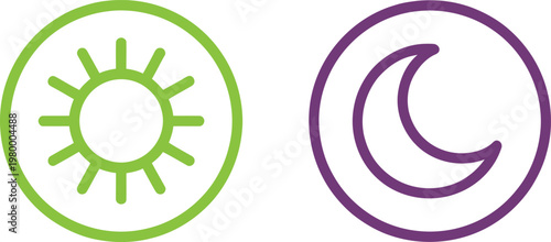 Green sun and purple moon circular line icons representing day and night weather forecast cycles