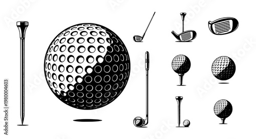Golf balls and clubs set with black and white illustrations, including drivers and irons. featuring golfing, sports, vector graphics with golfing