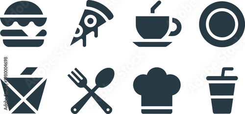 Set of various restaurant and food service icons featuring meals drinks and professional kitchen culinary tools